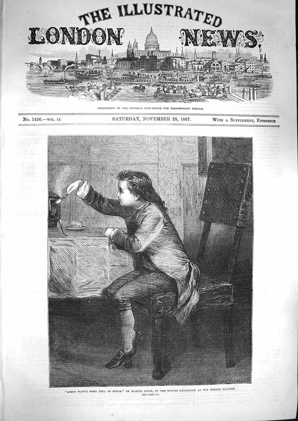 Original Old Antique Print 1867 James Watt Steam Young Boy Marcus Stone Art