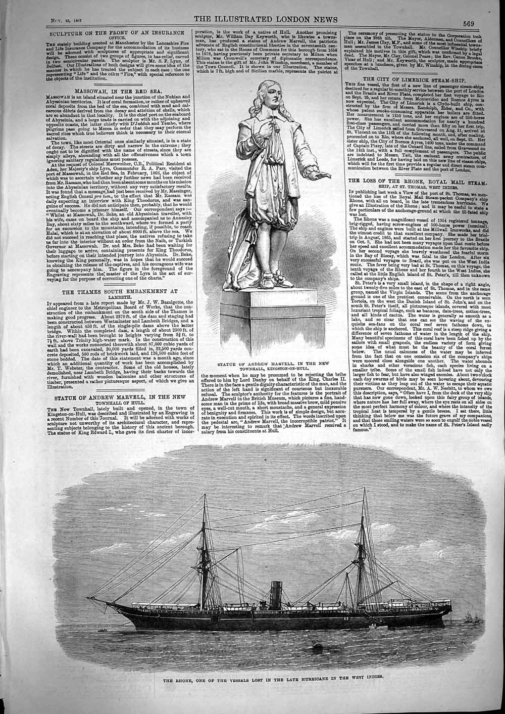 Original Old Antique Print 1867 Statue Andrew Marvell Rhone Ship West Victorian