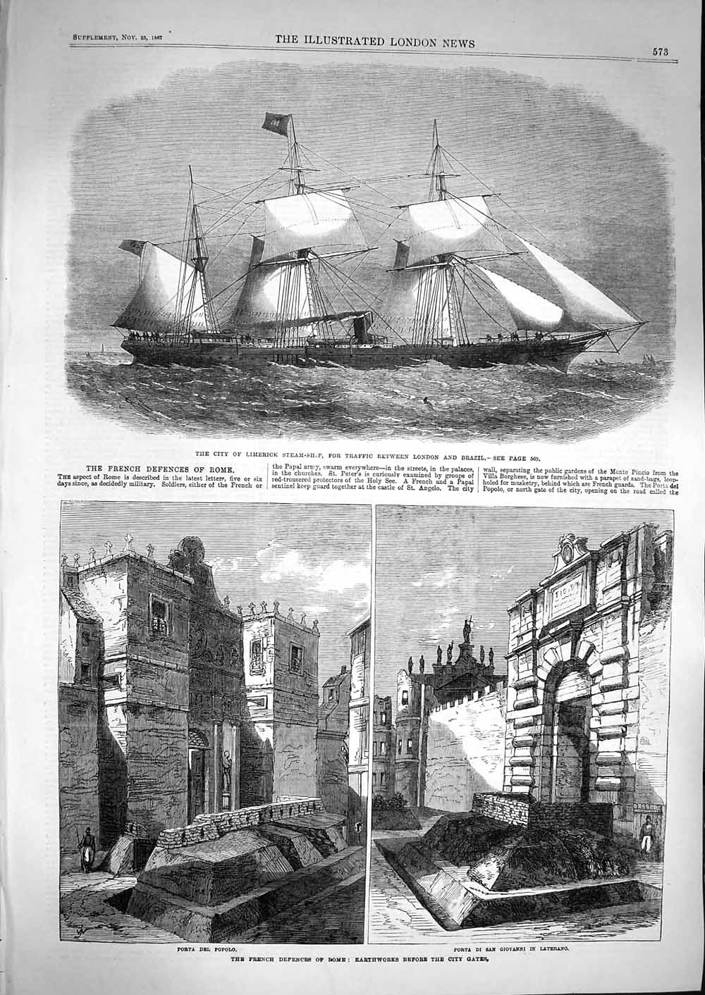 Old Antique Print 1867 City Limerick Steam Ship Rome Porta Popolo Gates 19th