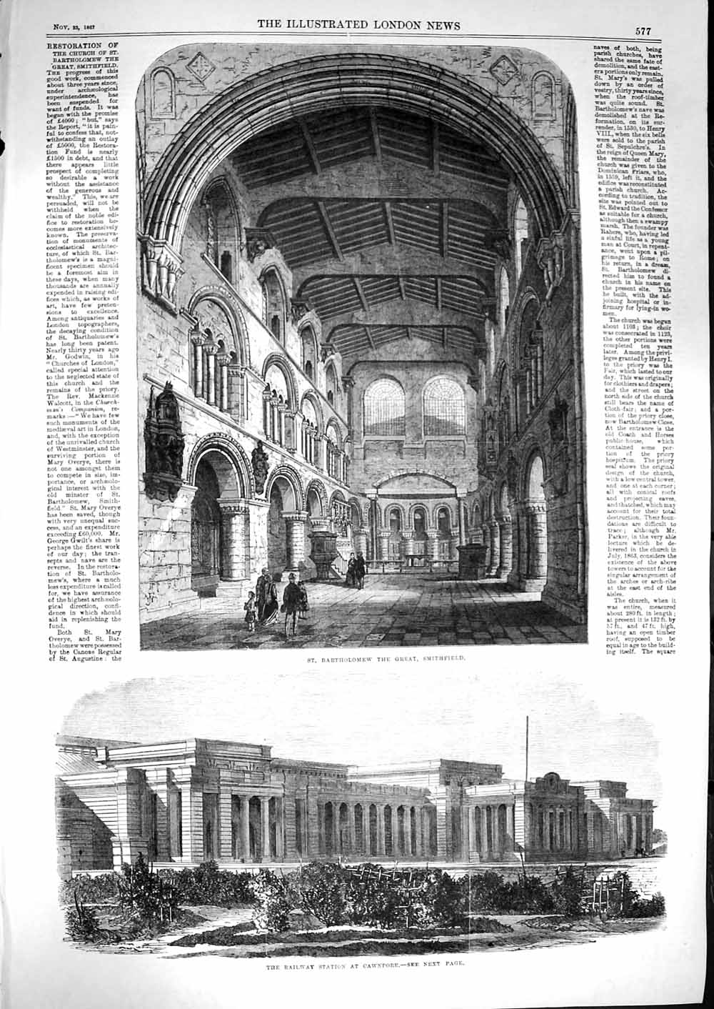 Old Antique Print 1867 St. Bartholomew Great Smithfield Railway Cawnpore 19th