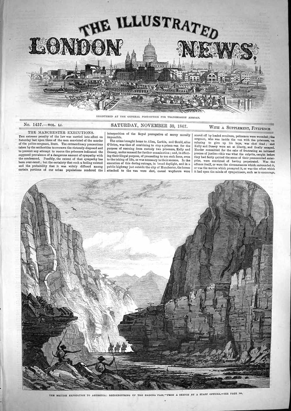 Original Old Antique Print 1867 British Abyssinia Reconnoitring Hadoda Pass