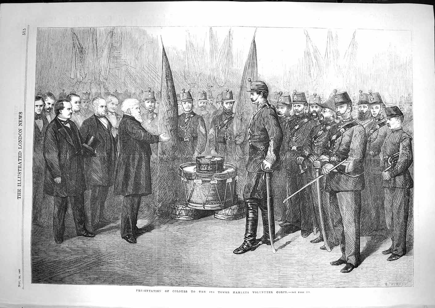 Old Antique Print 1867 Presentation Colours Tower Hamlets Volunteer Corps 19th