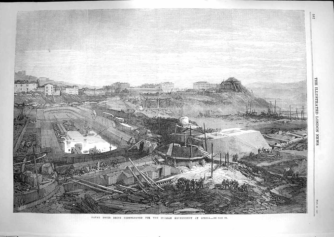 Old Antique Print 1867 Naval Docks Constructed Italian Government Spezia 19th