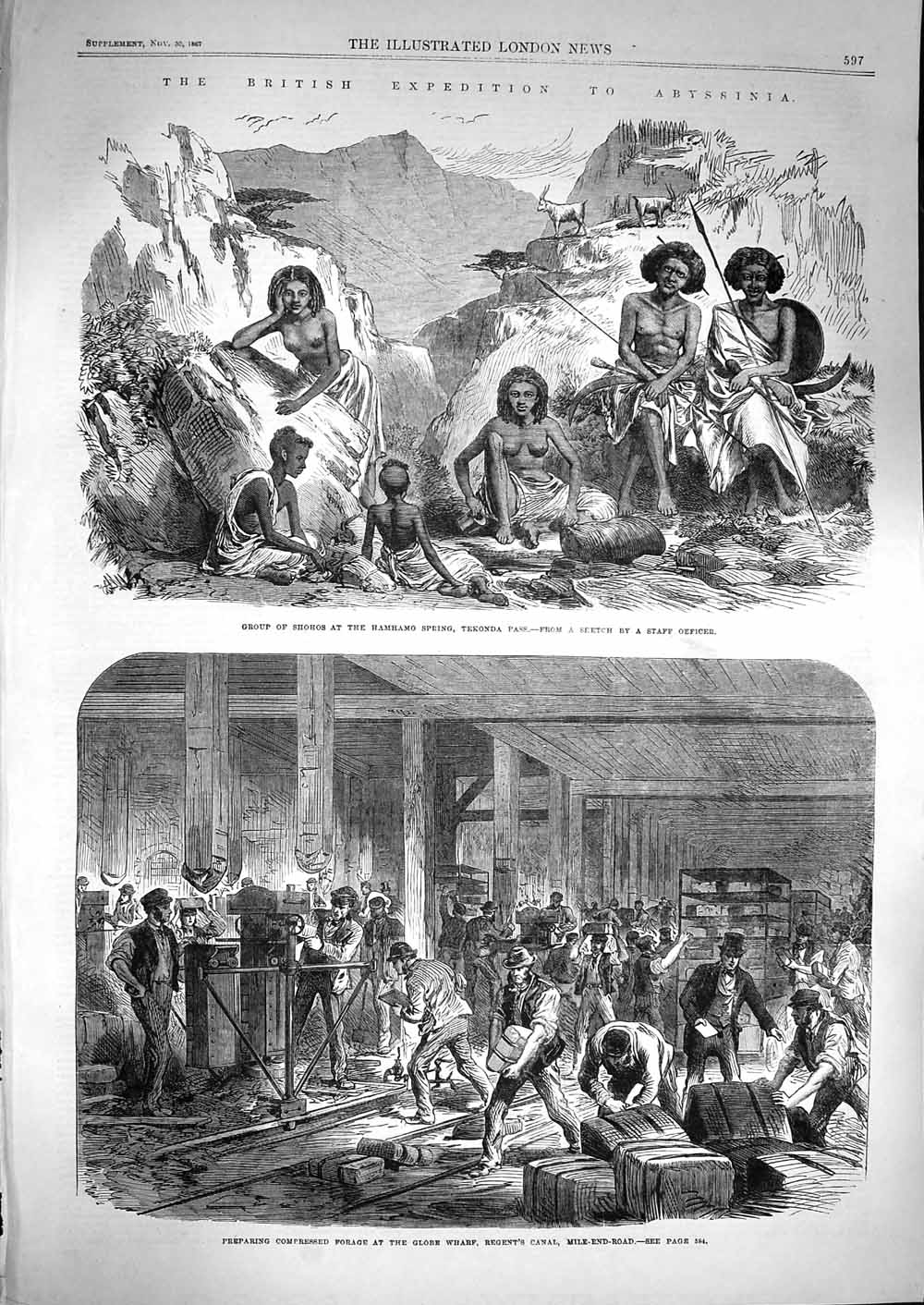 Old Antique Print 1867 Shohos Hamhamo Tekonda Abyssinia Globe Wharf Canal 19th