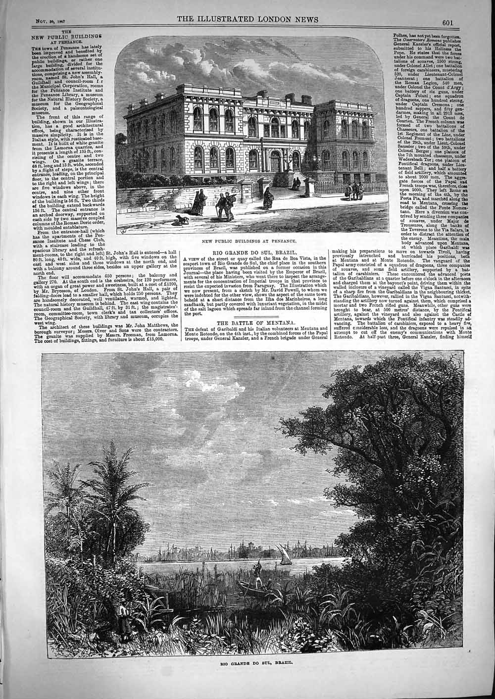 Original Old Antique Print 1867 Public Buildings Penzance Rio Grande Sul 19th
