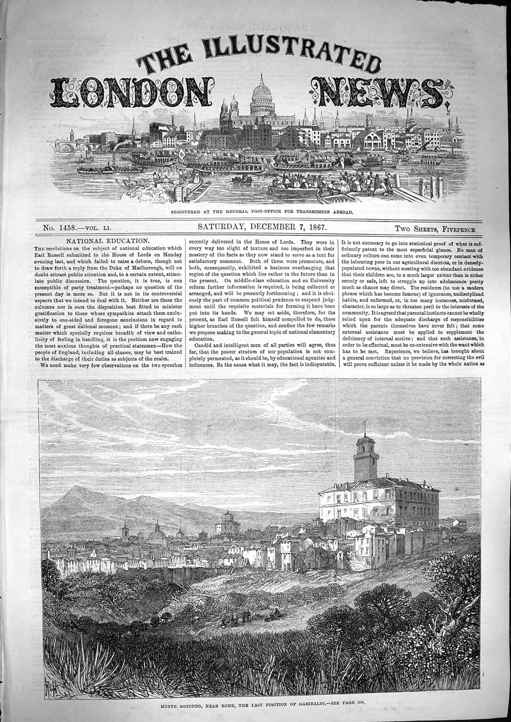Original Old Antique Print 1867 View Monte Rotondo Rome Garibaldi Mountains