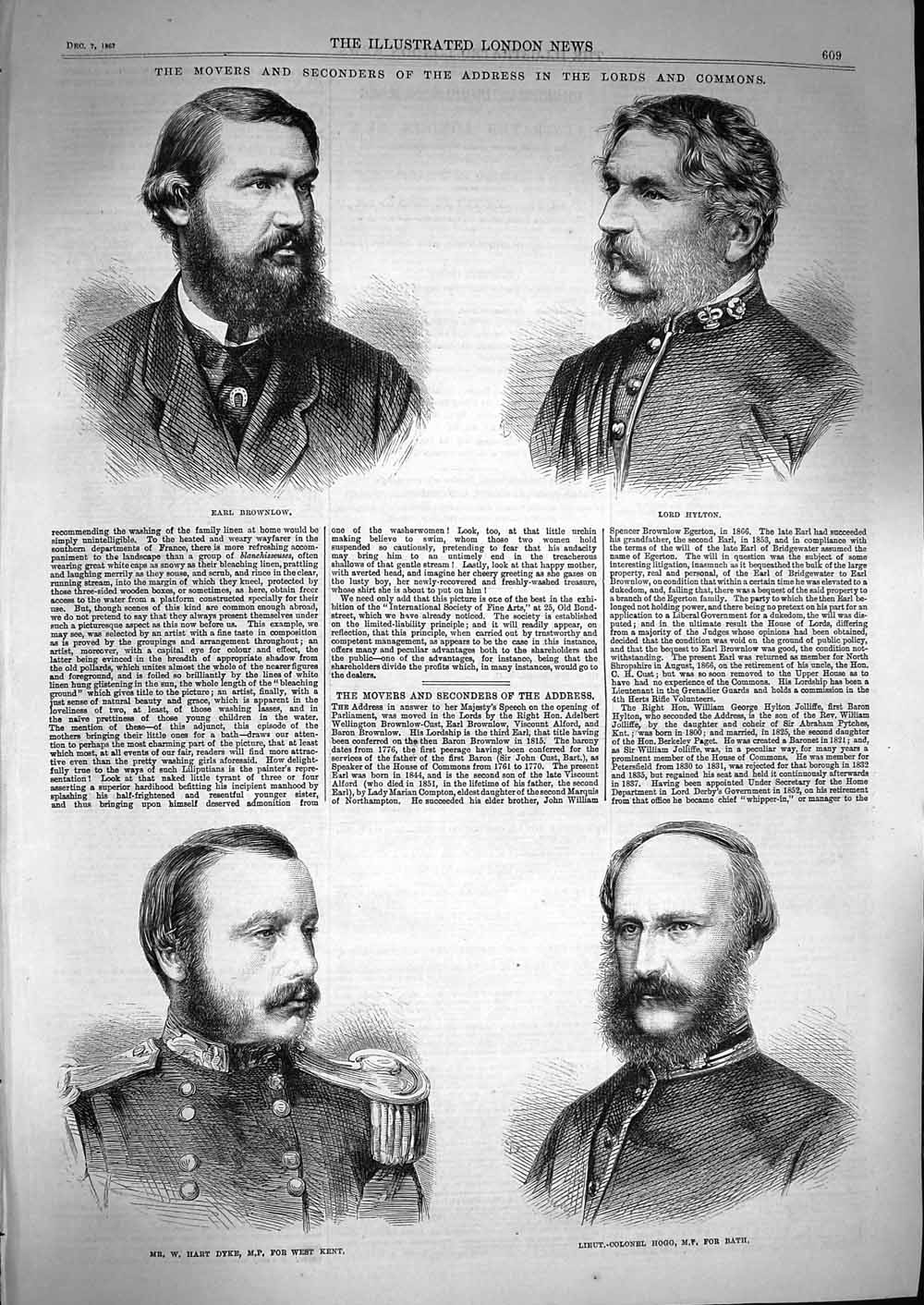 Original Old Antique Print 1867 Commons Brownlow Hylton Dyke Hogg Parliament