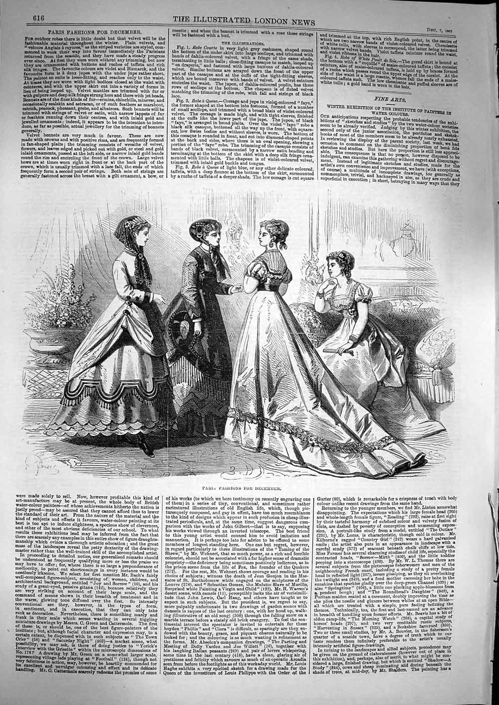 Original Old Antique Print 1867 Paris Womens Fashion December Dresses Victorian