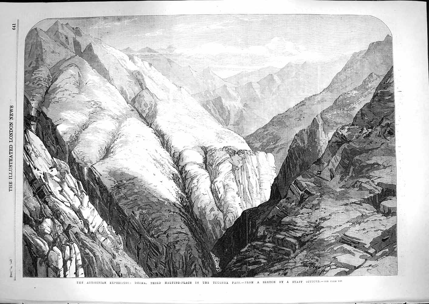 Original Old Antique Print 1867 Abyssinian Expedition Tekonda Pass Mountains