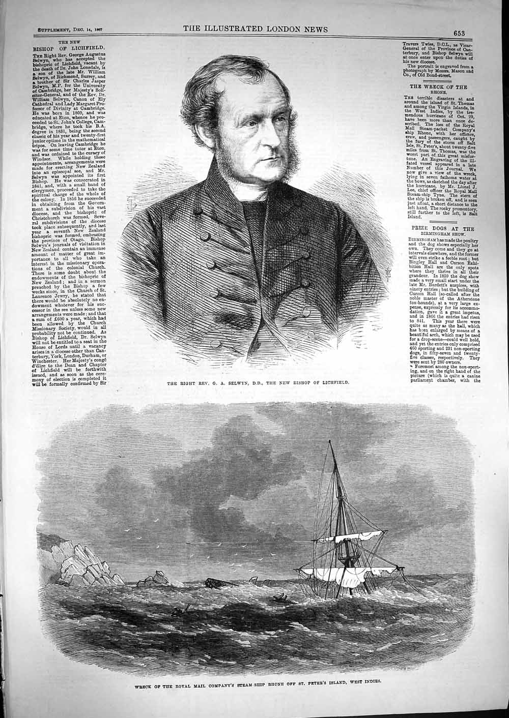 Old Antique Print 1867 Rev. Selwyn Bishop Lichfield Royal Mail Ship Rhone 19th