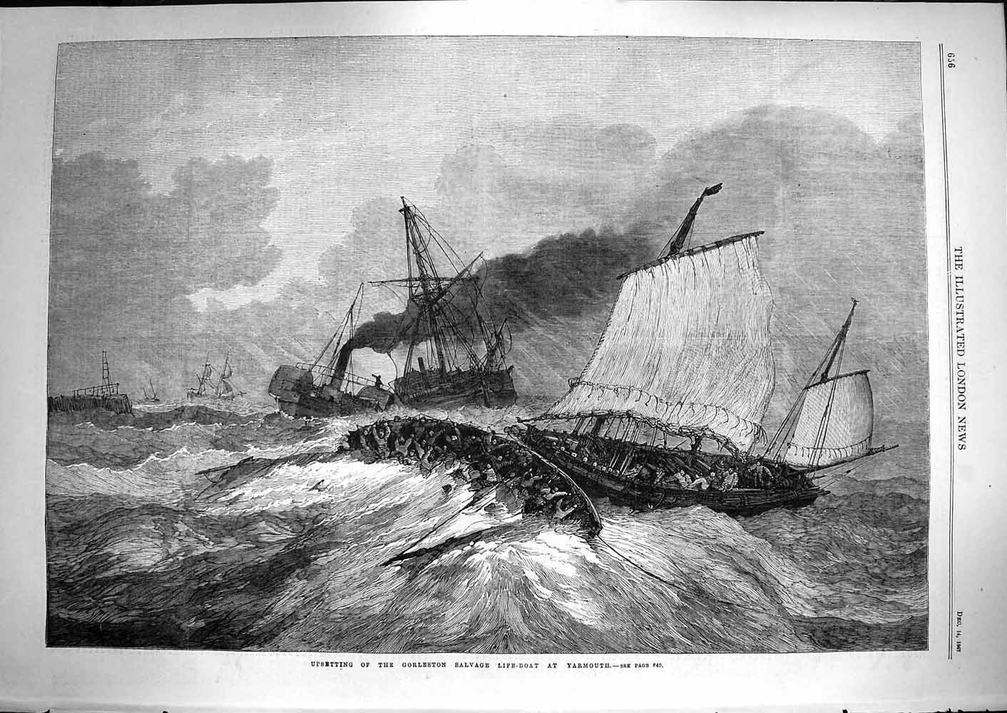 Original Old Antique Print 1867 Gorleston Salvage Life-Boat Yarmouth Sh 19th