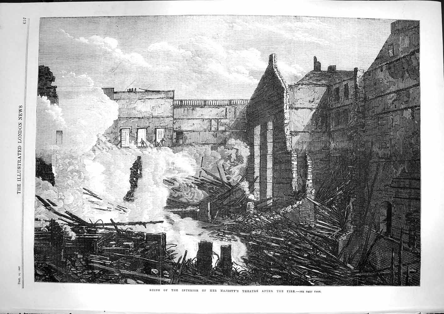 Original Old Antique Print 1867 Ruins Interior Majesty Theatre Fire Building