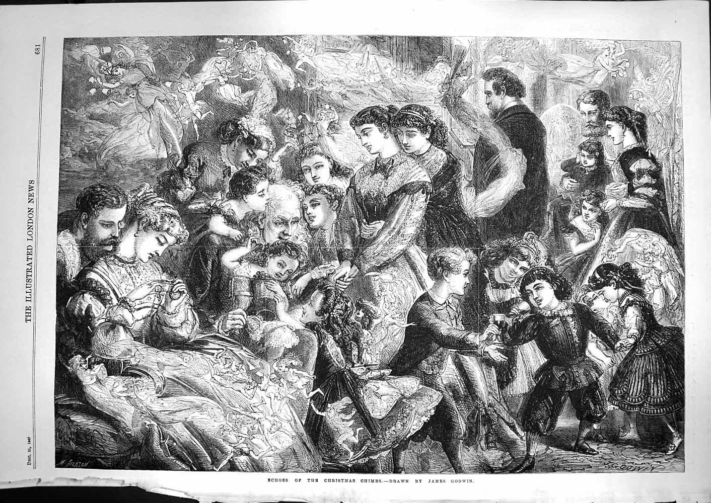 Old Antique Print 1867 Echoes Christmas Chimes Children Family Fine Art 19th
