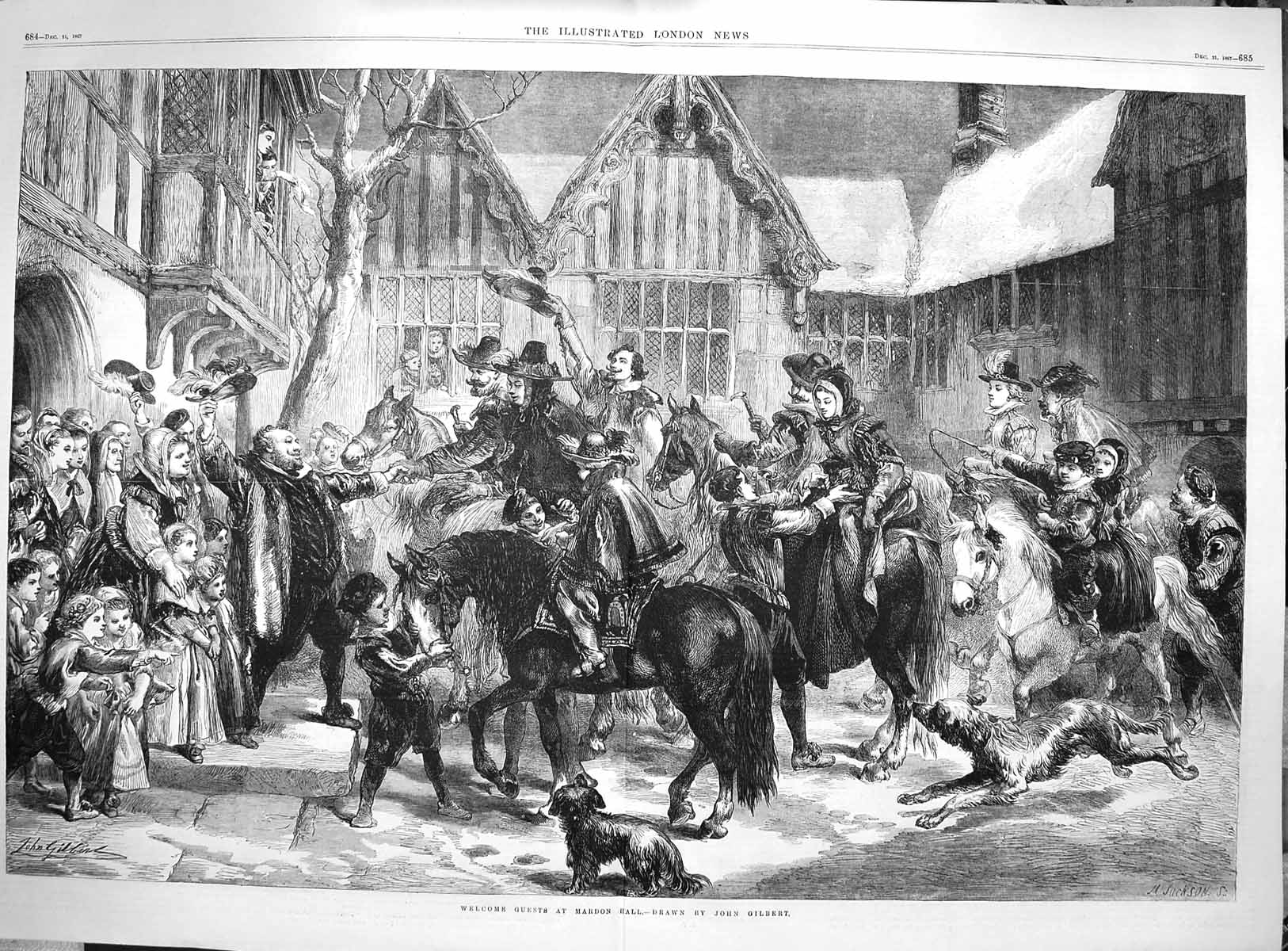 Old Antique Print 1867 Guests Mardon Hall Children Family Horses Gilbert 19th
