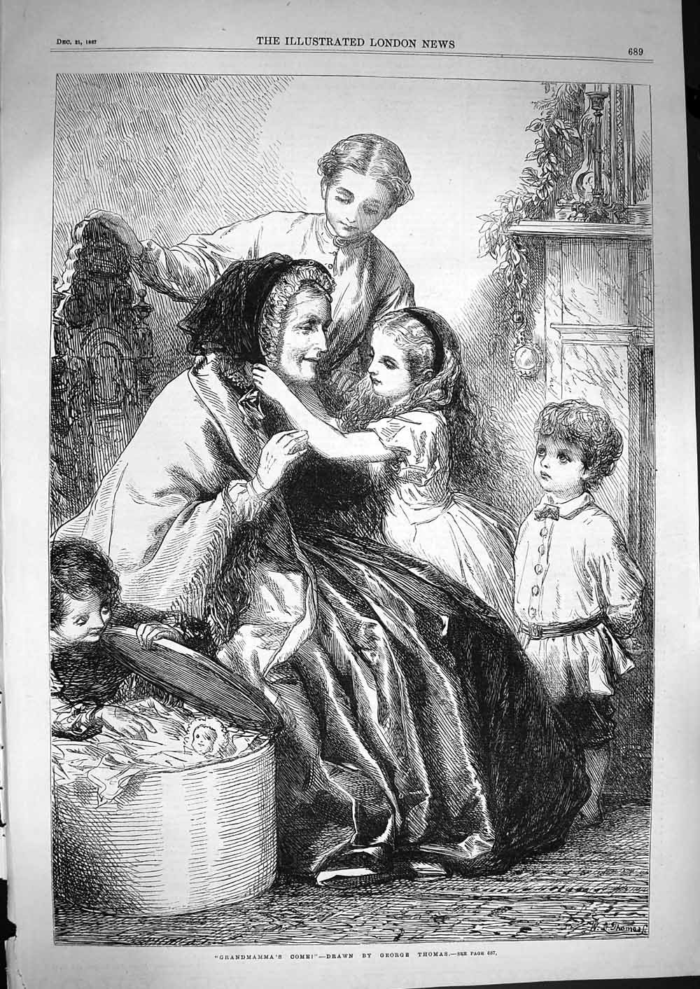 Original Old Antique Print 1867 Grandmamma Children Christmas 19th