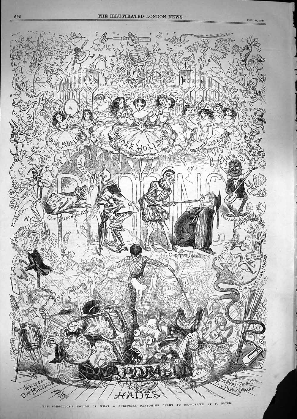 Original Old Antique Print 1867 Schoolboy'S Christams Pantomime Characters 19th