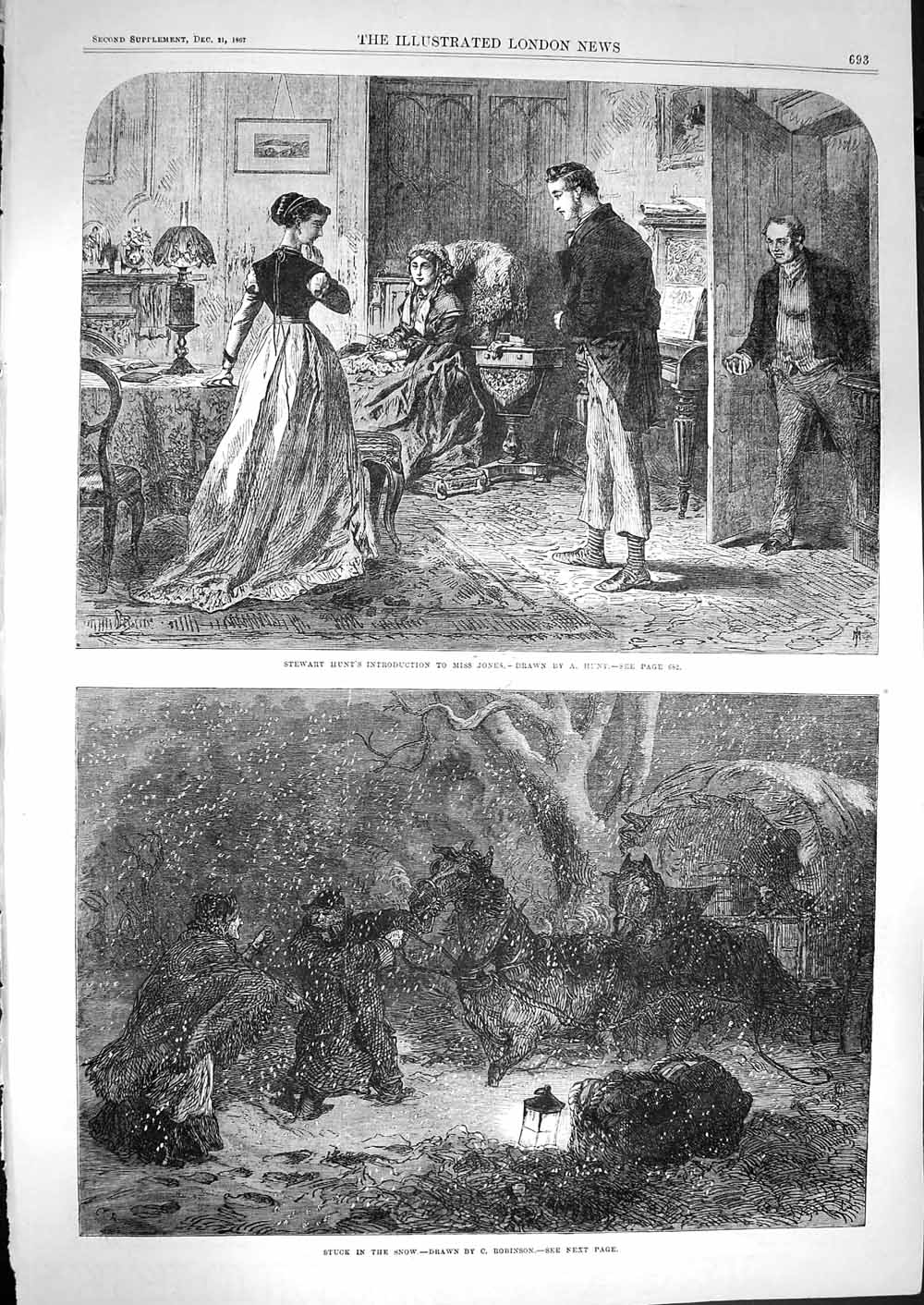 Original Old Antique Print 1867 Horses Snow Stewart Hunt Introdution Miss Jones