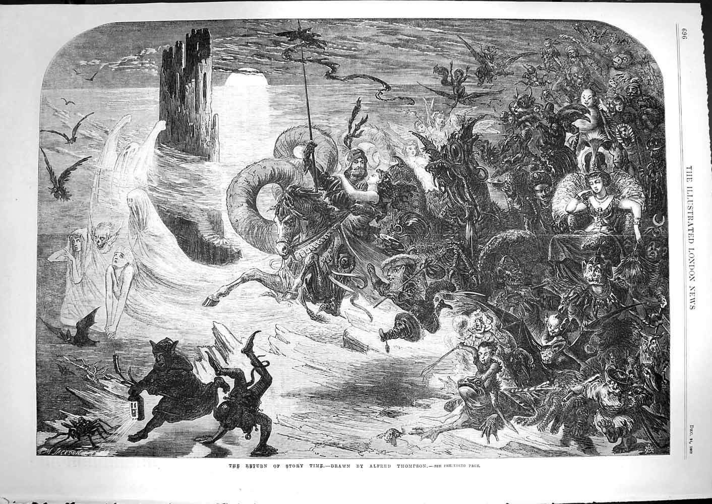 Original Old Antique Print 1867 Return Story Time Fantasy Horses Characters