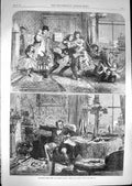 Original Old Antique Print 1867 Christmas Family Home Children Games Lonely Man