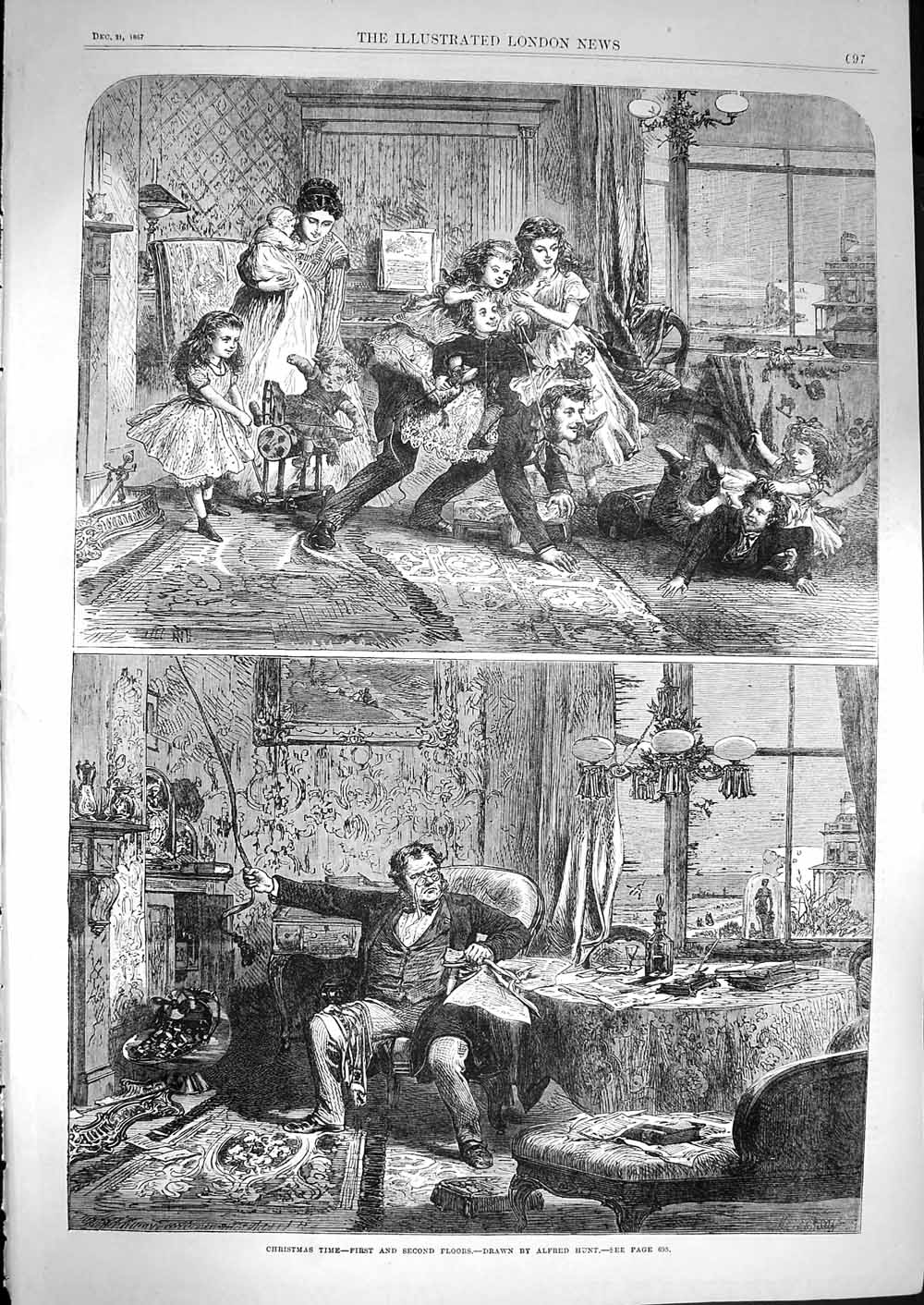 Original Old Antique Print 1867 Christmas Family Home Children Games Lonely Man