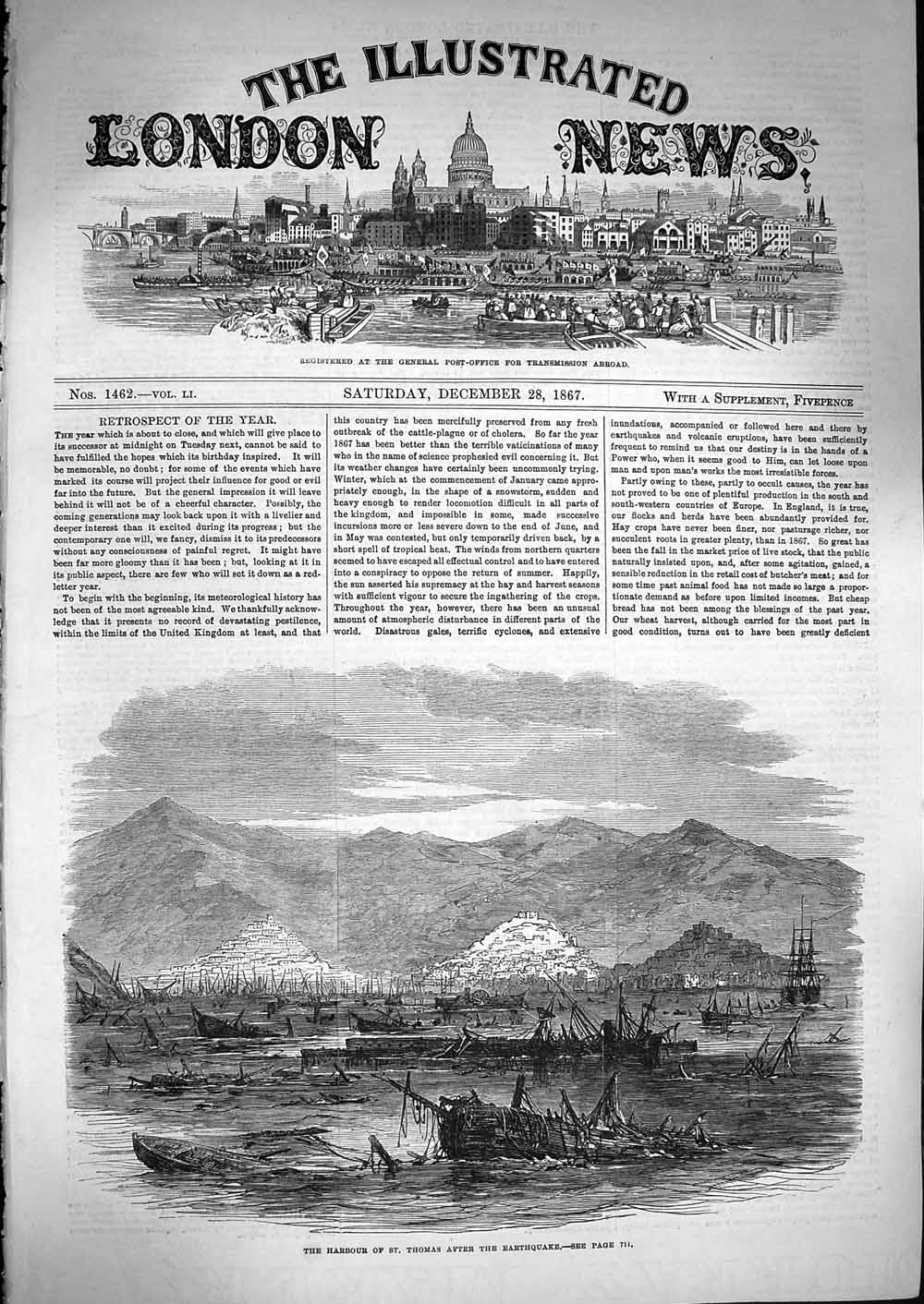 Original Old Antique Print 1867 Harbour St. Thomas Earthquake Ship Wrecks 19th