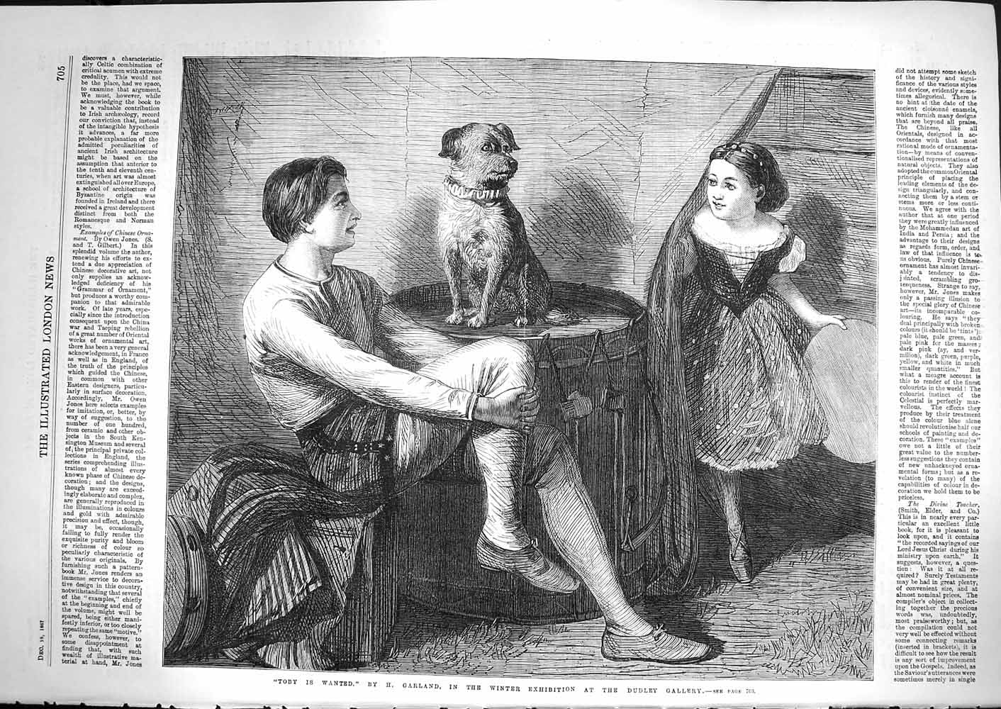 Original Old Antique Print 1867 Toby Circus Dog Little Girl Garland Victorian