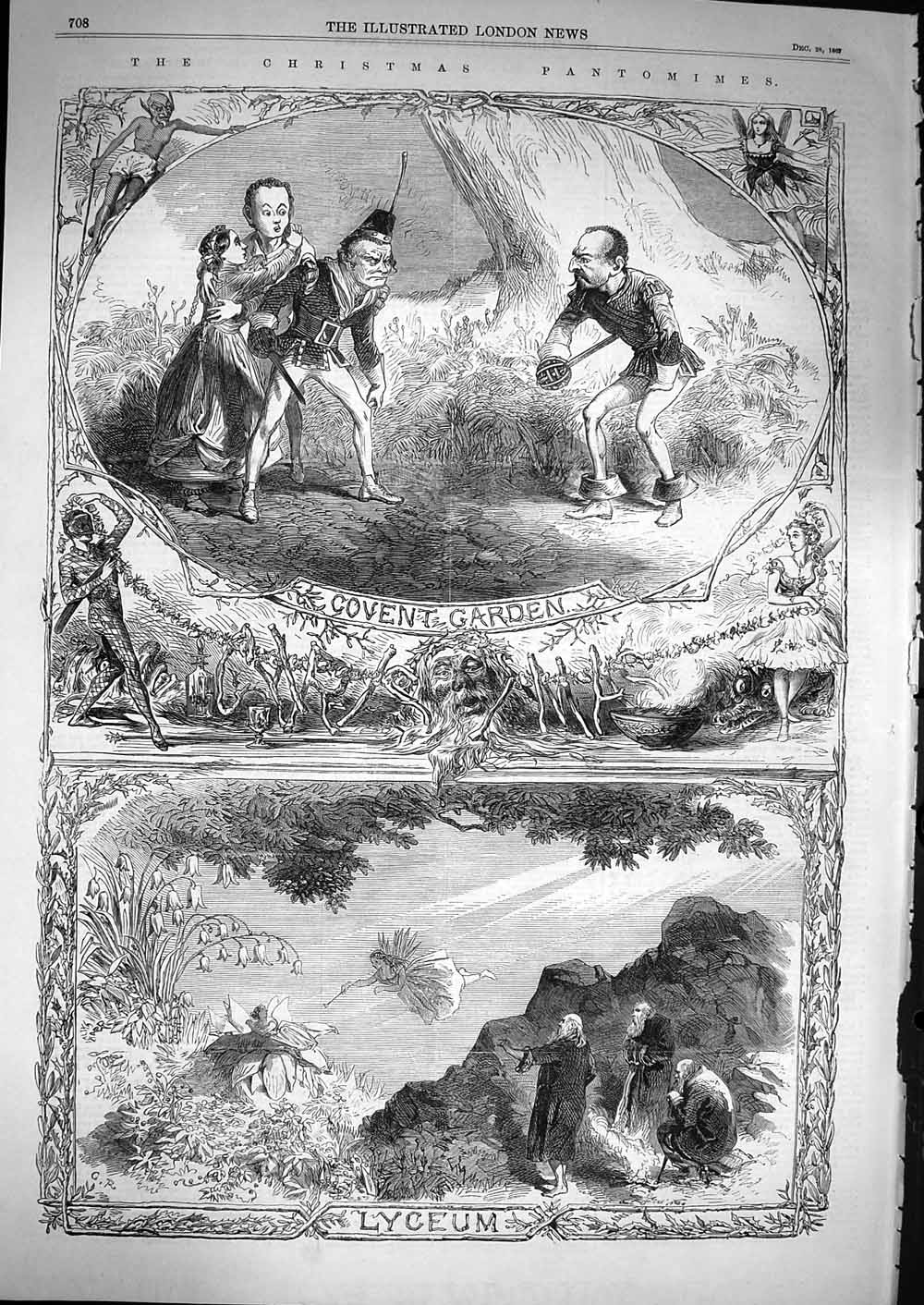 Original Old Antique Print 1867 Christmas Pantomimes Lyceum Drury Lane Holborn