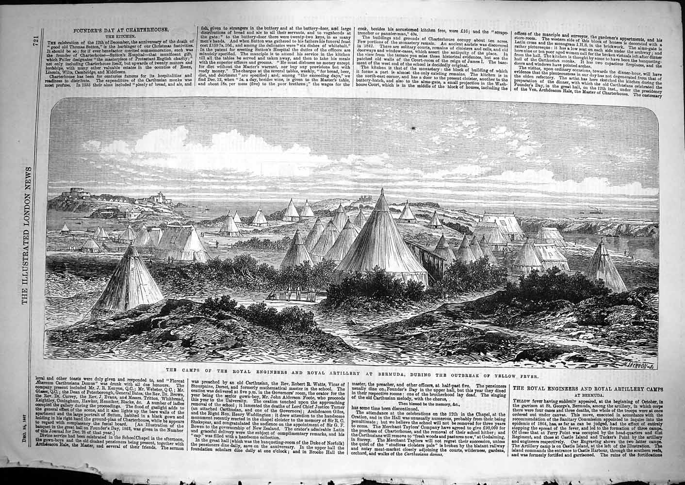 Original Old Antique Print 1867 Camps Royal Engineers Artillery Bermuda Fever
