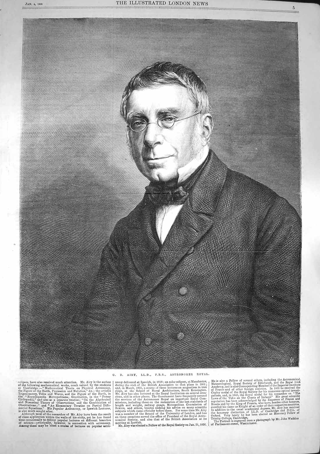 Original Old Antique Print 1868 Portrait Airy Astronomer Royal 19th