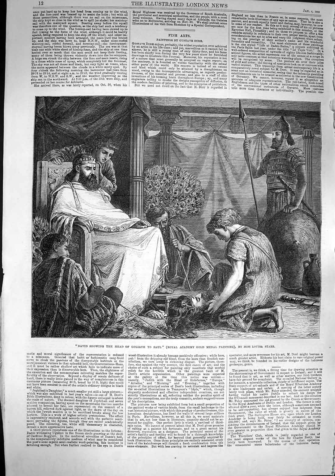Old Antique Print 1868 Scene David Showing Head Goliath Saul Louisa Starr 19th
