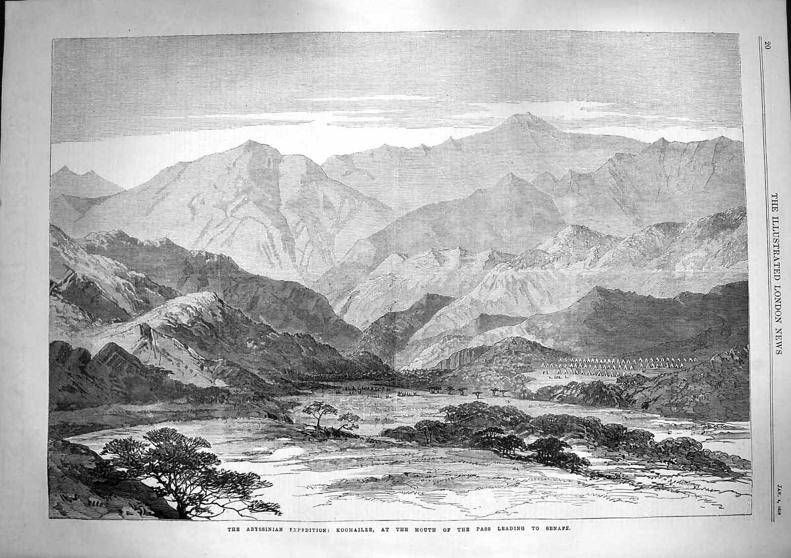 Original Old Antique Print 1868 Abyssinia Koomailee Mouth Pass Senafe Mountains