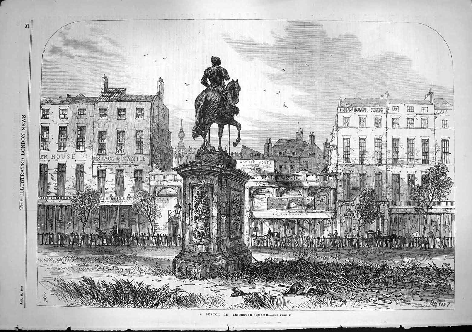Original Old Antique Print 1868 Scene Leicester Square London Monument 19th