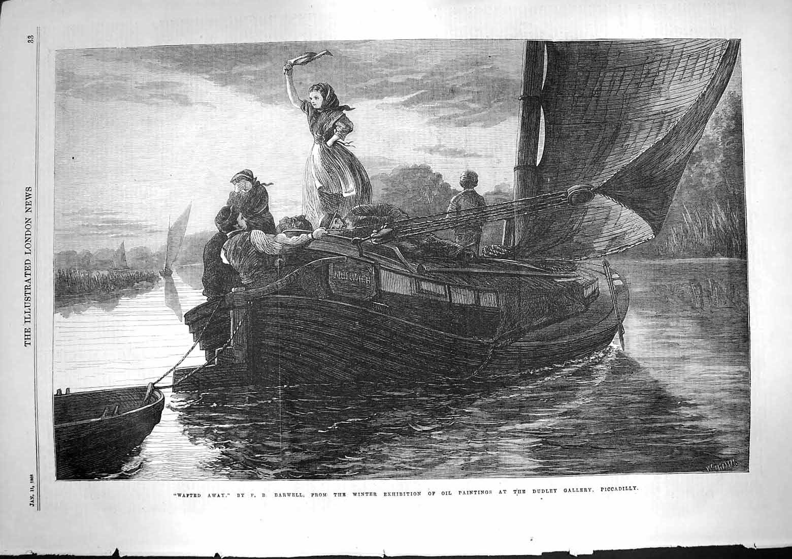 Original Old Antique Print 1868 Wafted Away Boat Sailing Barwell Fine Art 19th