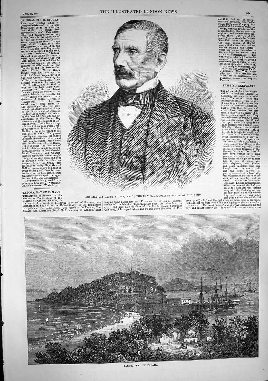Original Old Antique Print 1868 General Henry Storks Army Taboga Bay Panama