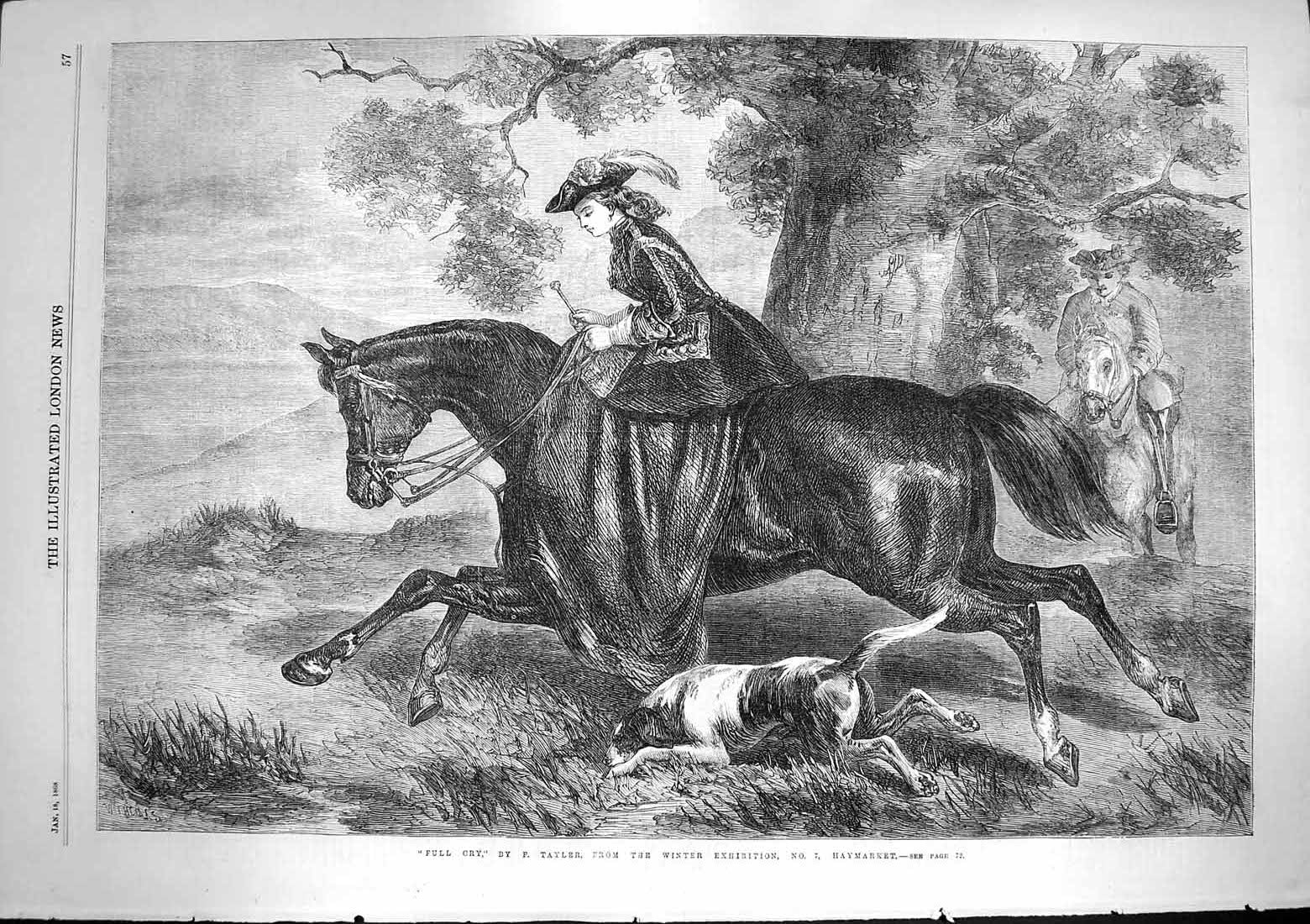 Original Old Antique Print 1868 Full Cry Lady Horse Hunting Hounds Dog Tayler