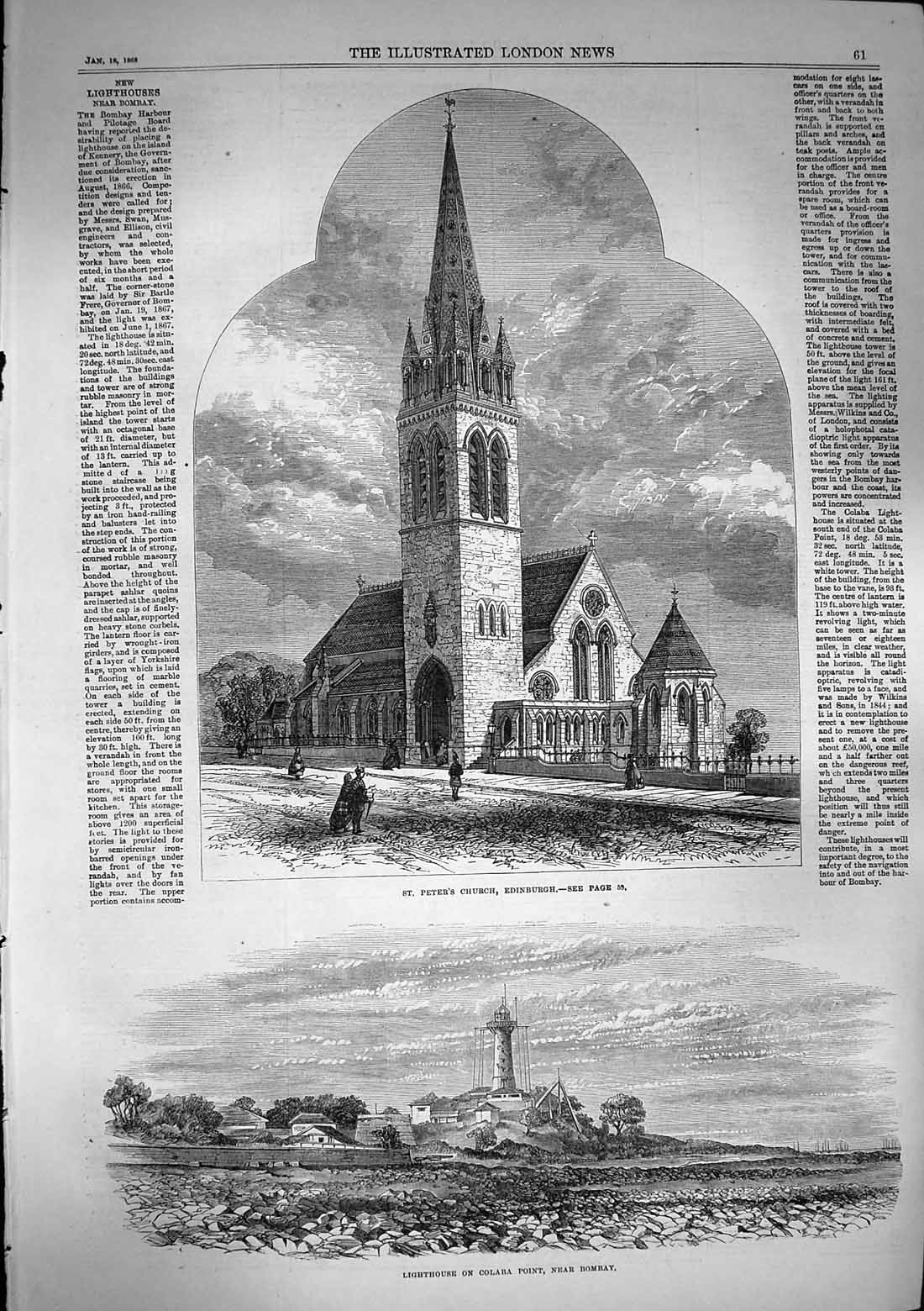 Antique Print Ref.93 1868 Peter'S Church Edinburgh Lighthouse Colaba Bombay