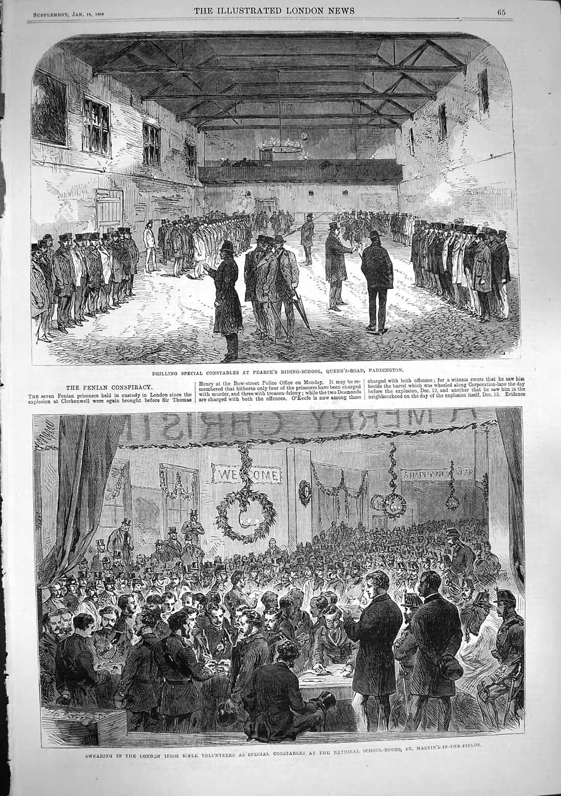 Old Antique Print 1868 London Irish Rifle Volunteers Riding-School Police 19th