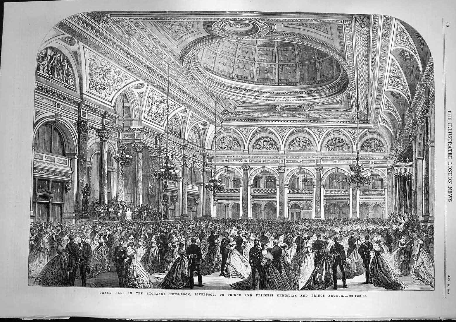 Original Old Antique Print 1868 Ball Exchange News-Room Liverpool Prince Arthur