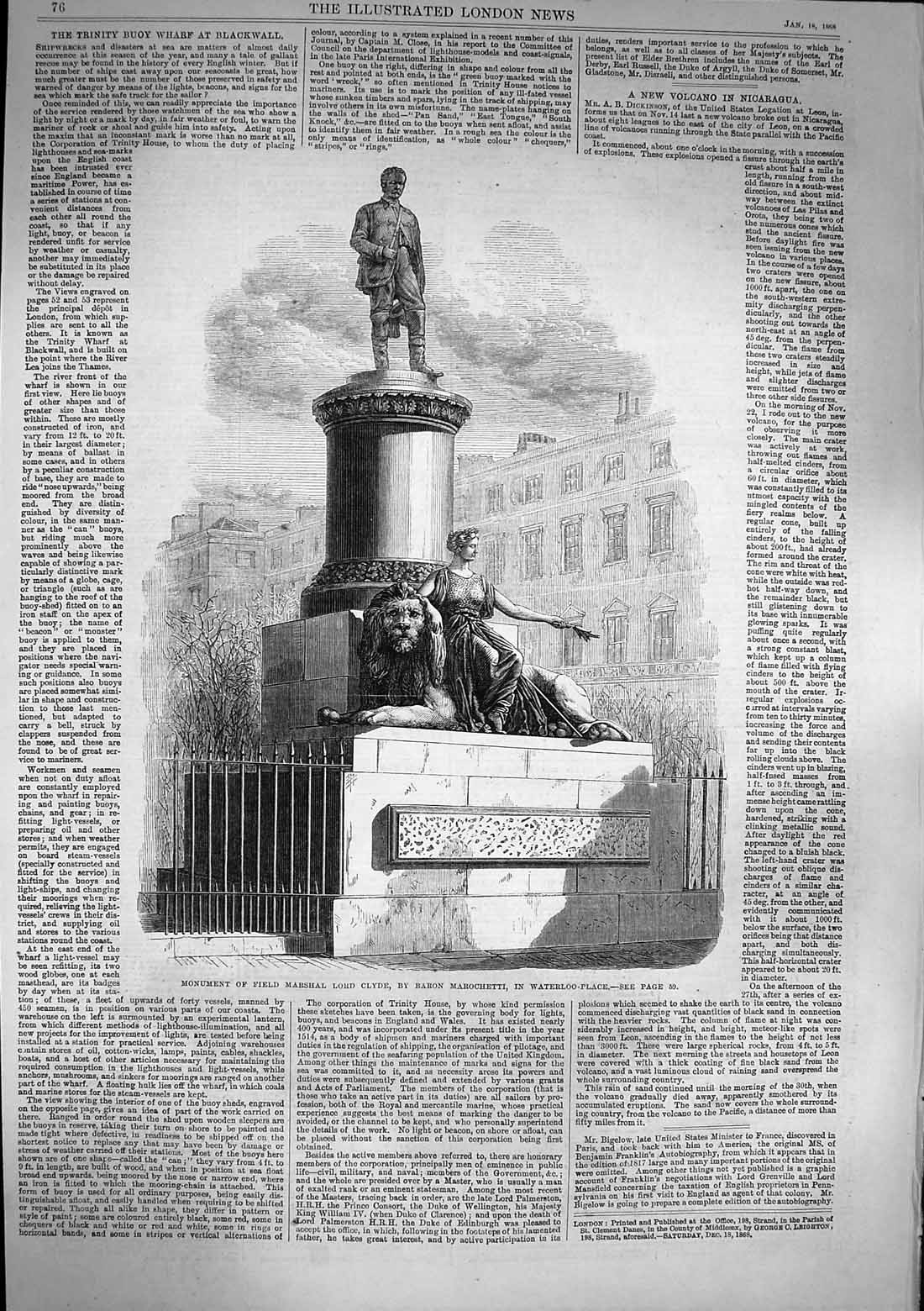 Old Antique Print Stained 1868 Monument Field Marshal Lord Clyde Waterloo 19th