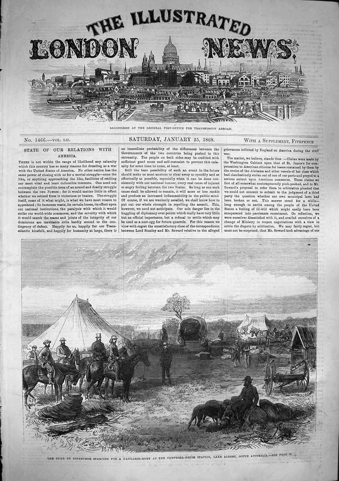 Original Old Antique Print Stained 1868 Edinburgh Kangaroo Hunt Campbell Albert