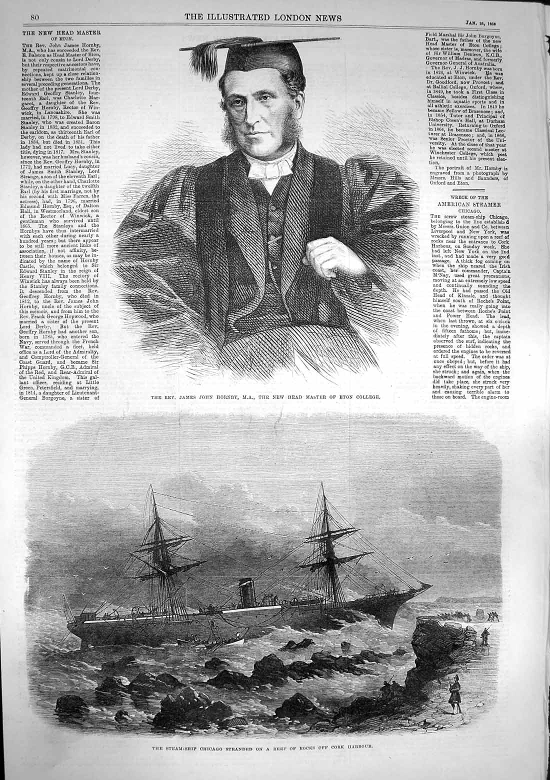 Old Antique Print Stained 1868 James John Hornby Eton Steam Ship Chicago 19th