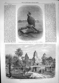 Original Old Antique Print 1868 Griffon Vulture Temple Ongou Wat C Victorian
