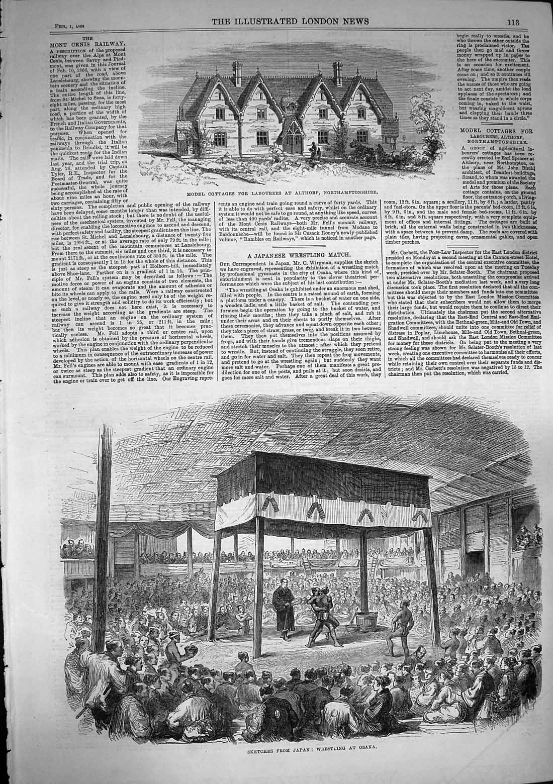 Old Antique Print 1868 Cottages Labourers Althorp Wrestling Japan Osaka 19th