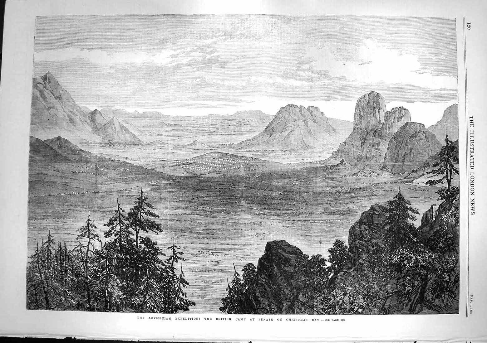 Old Antique Print 1868 Abyssinia British Camp Senafe Christmas Mountains 19th