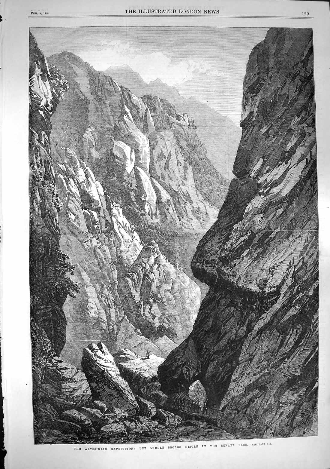 Original Old Antique Print 1868 Abyssinia Middle Sooroo Defile Senafe Mountains