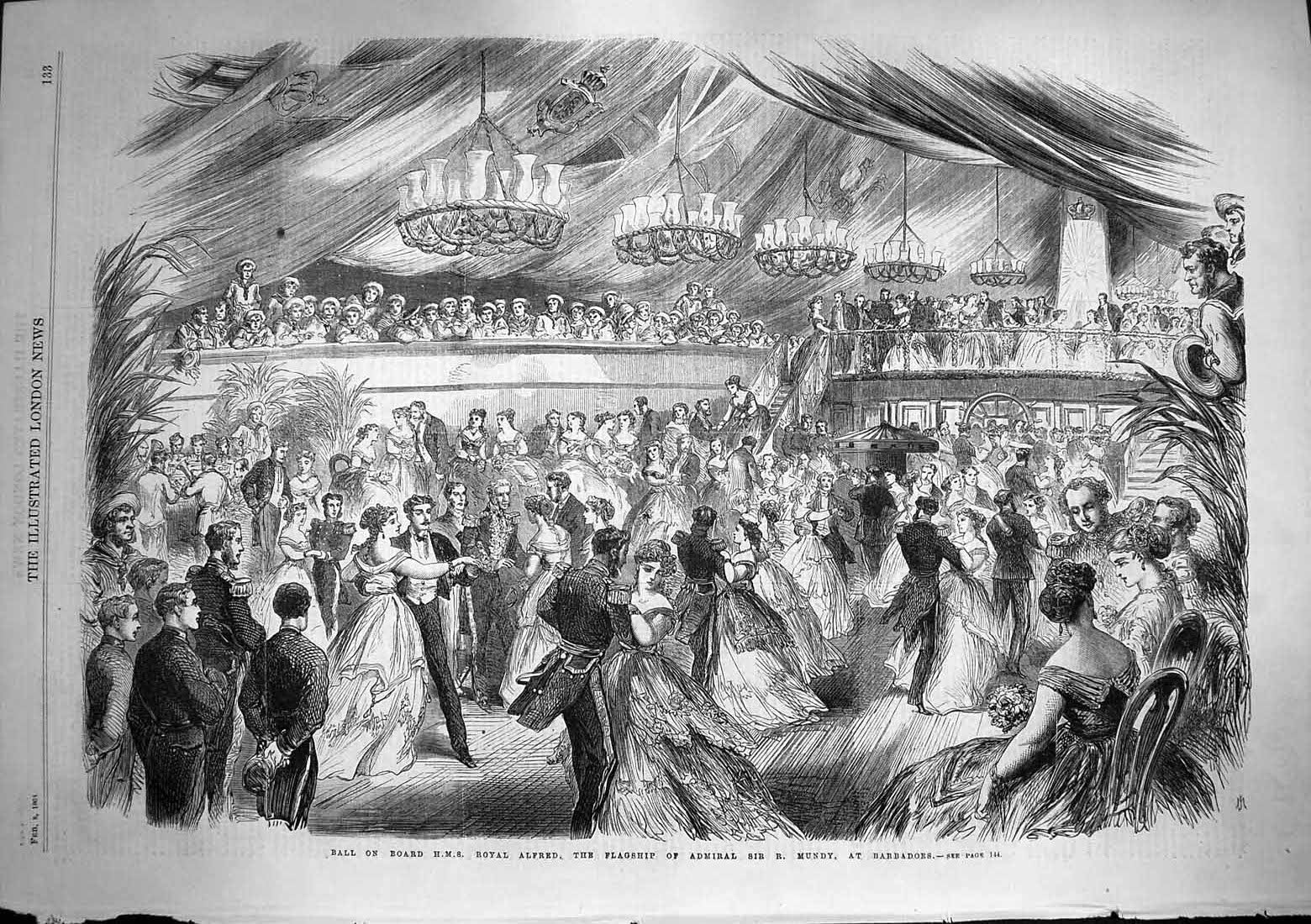 Original Old Antique Print 1868 Ball Ship Royal Alfred Admiral Mundy Barbadoes