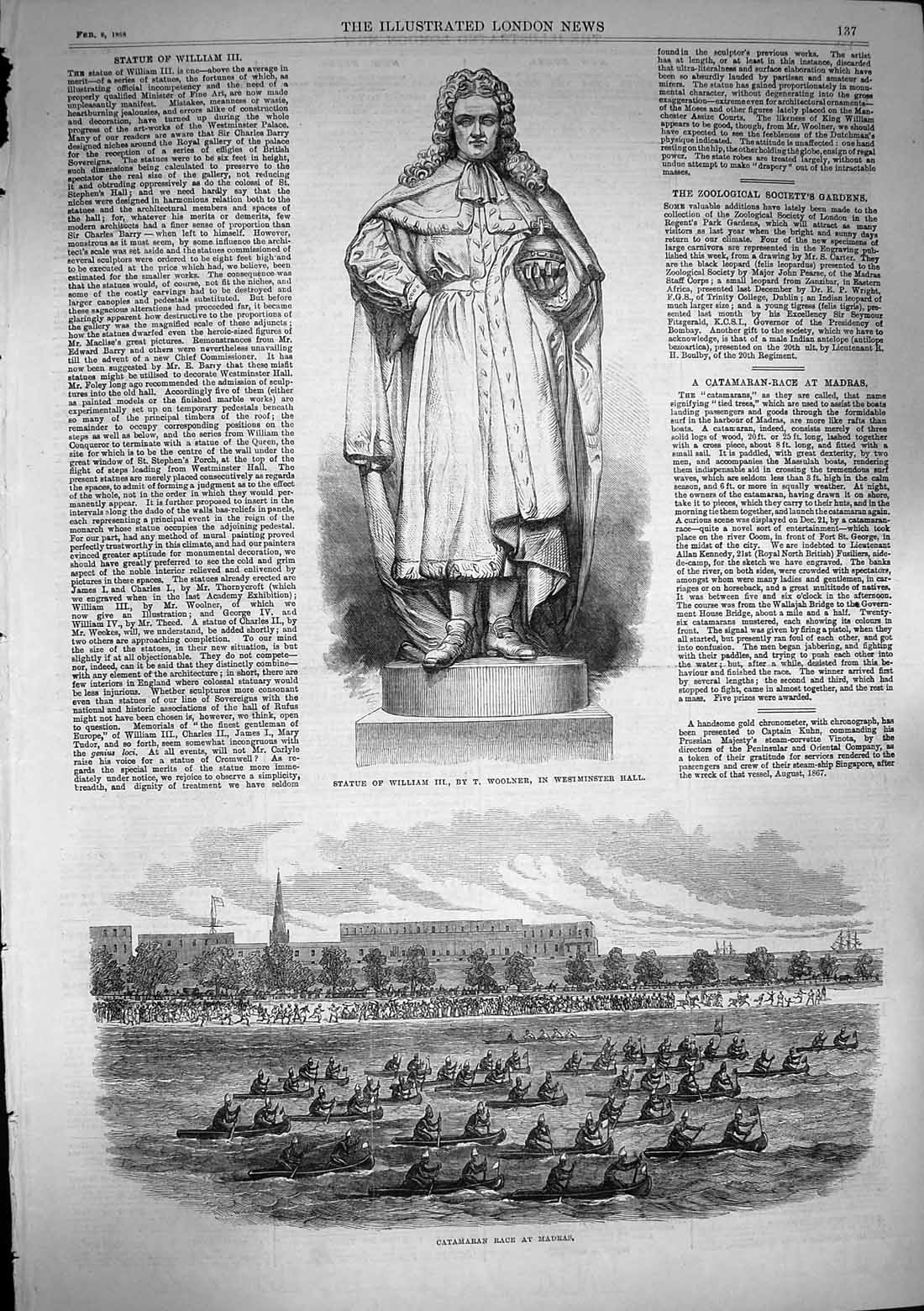 Old Antique Print 1868 Statue William Westminster Catamaran Boats Madras 19th