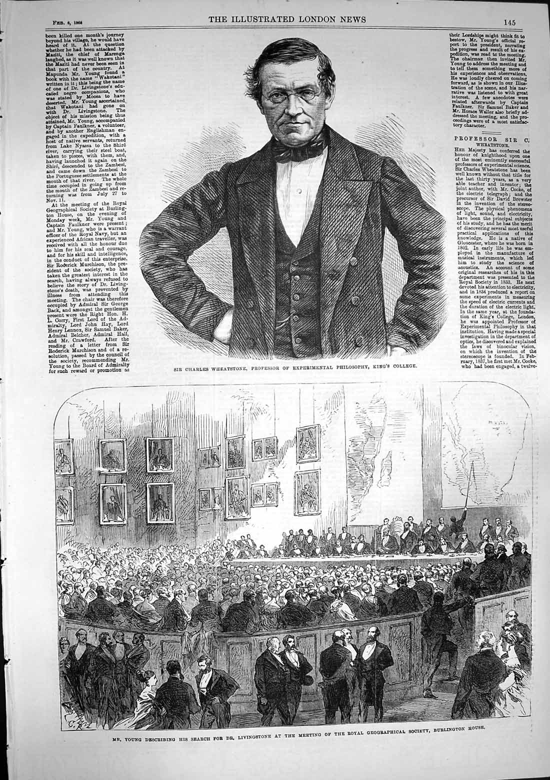Original Old Antique Print 1868 Charles Wheatstone Young Livingstone Burlington