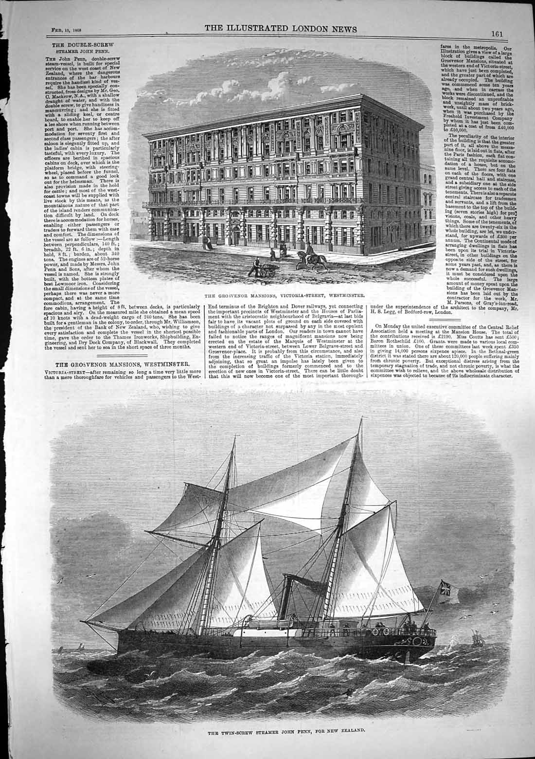Old Antique Print 1868 Grosvenor Mansions Westminster Steamer John Penn 19th