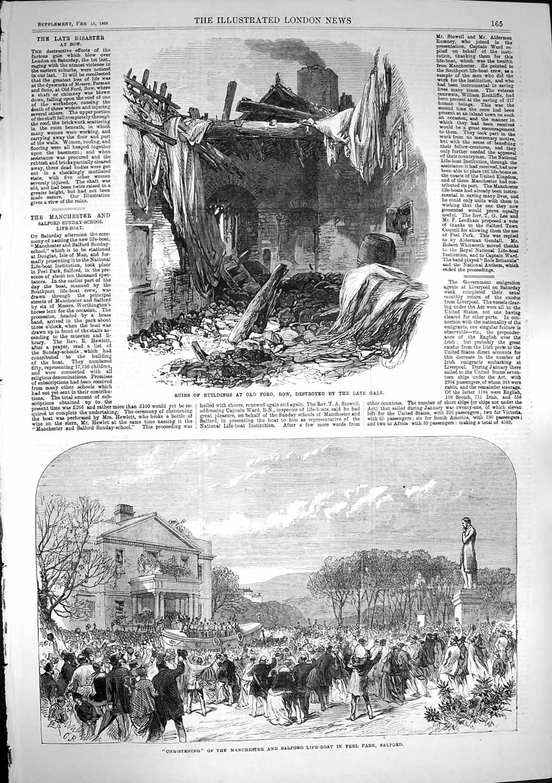 Original Old Antique Print 1868 Ruins Buildings Ford Salford Life-Boat Salford